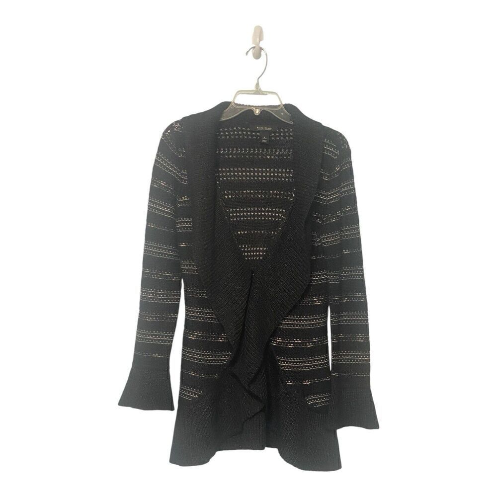 WHBM Sweater Womens Small Black White Silver Knit Cardigan Ruffle Flare Cuff